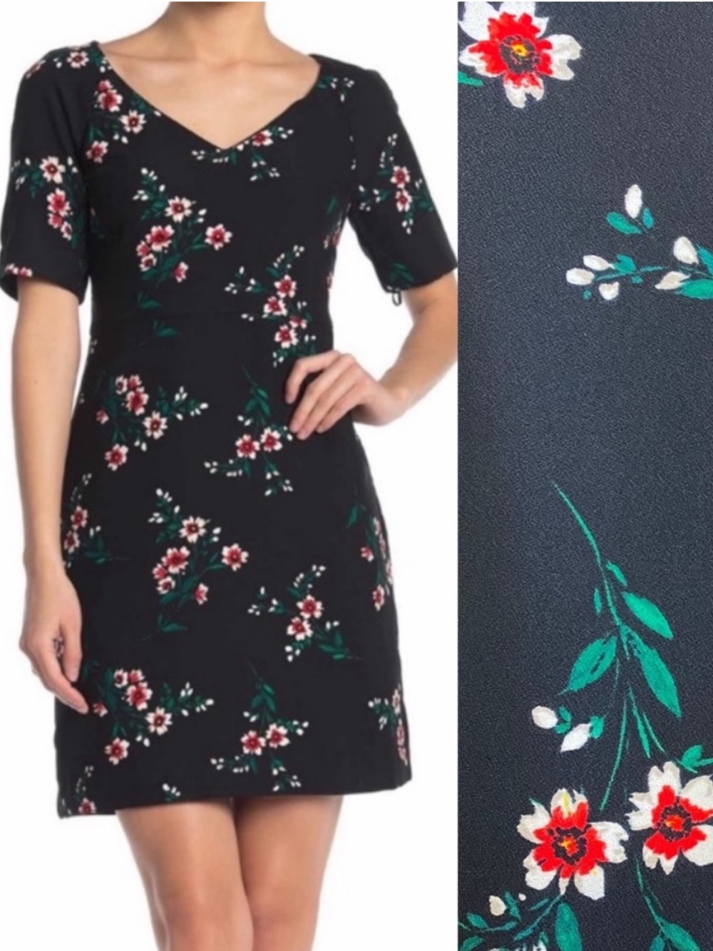 Draper James Floral V-Neck Mini Dress: Black Red Holiday